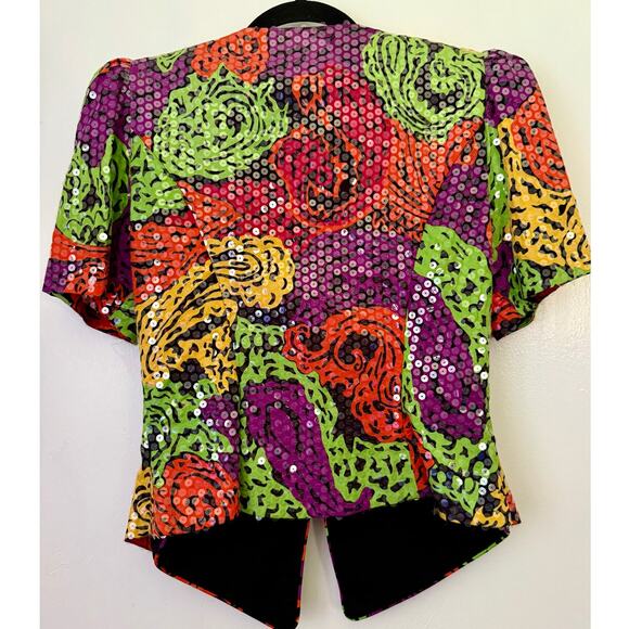 Vintage 80's Rimini Colorful Green Purple Puff Sleeve Blazer Jacket Formal Small - Picture 2 of 5